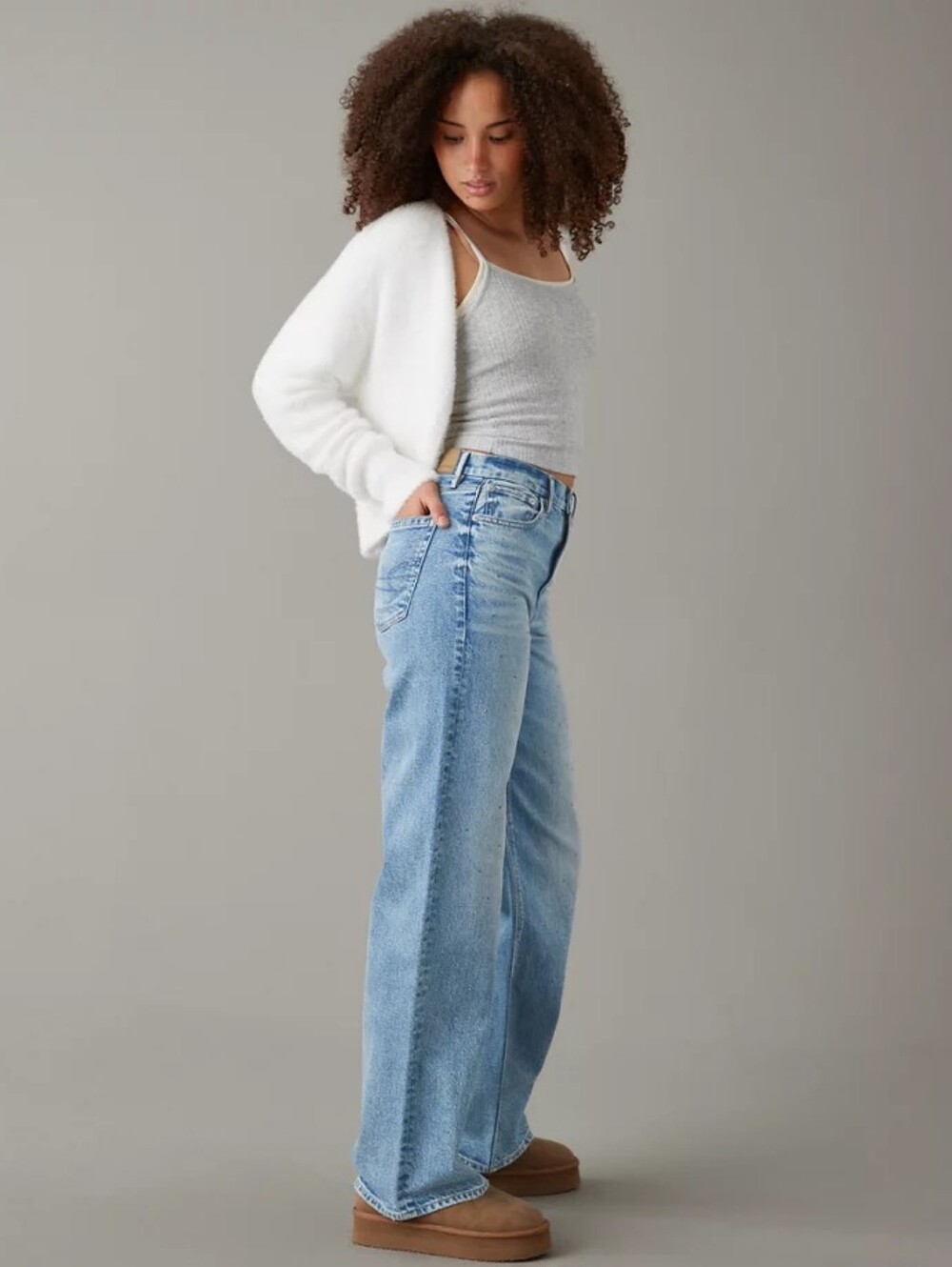 AE Strigid Curvy Embellished Super High-Waisted Baggy Straight Jean 14 Short - Picture 2 of 12